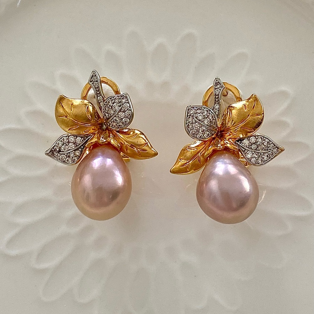 E63-Handmade Pink Edison Pesarl Two Tone Earring - Picture 1 of 9
